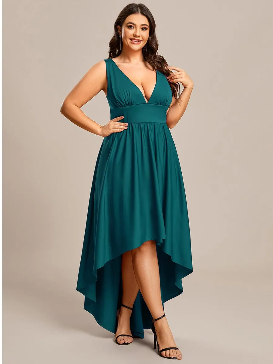 Deep V-Neck High-Low Sleeveless A-Line Wedding Guest Dress