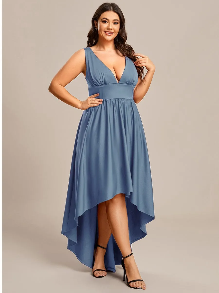 Deep V-Neck High-Low Sleeveless A-Line Wedding Guest Dress