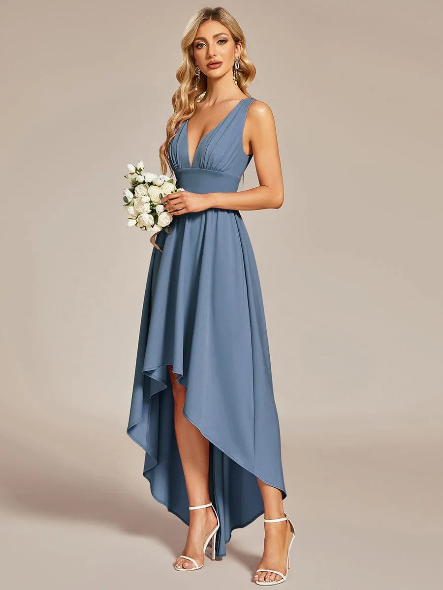 Deep V-Neck High-Low Sleeveless A-Line Wedding Guest Dress