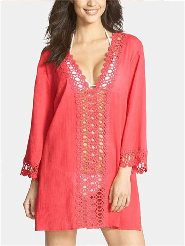 Deep V-neck Hook Flower Cut out Lace Beach Cover-up