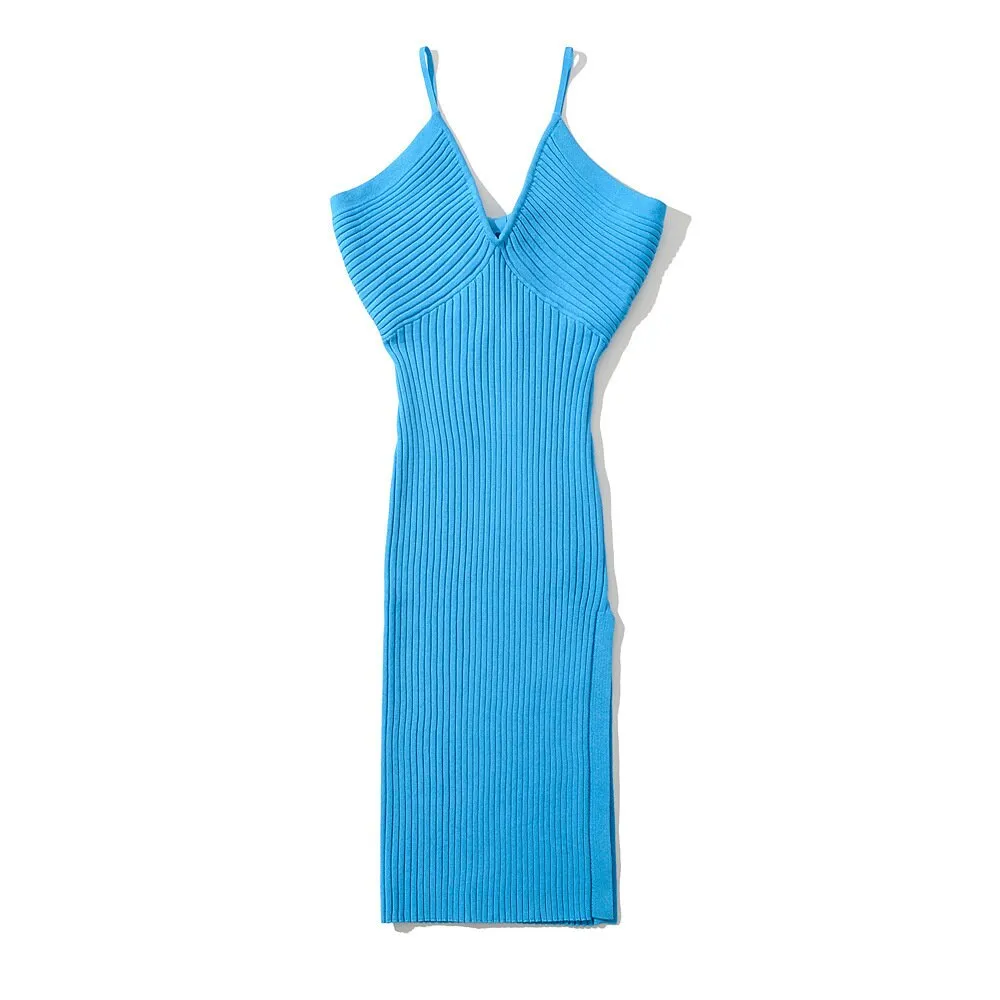 Deep V-neck Sleeveless Solid Color Spaghetti Strap Knit Maxi Dress (5 colors)