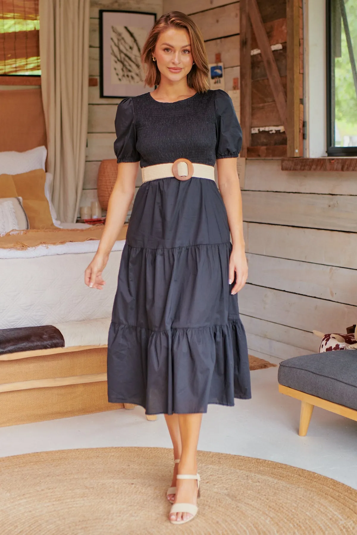 Edna Black Shirred Bust Tiered Maxi Dress