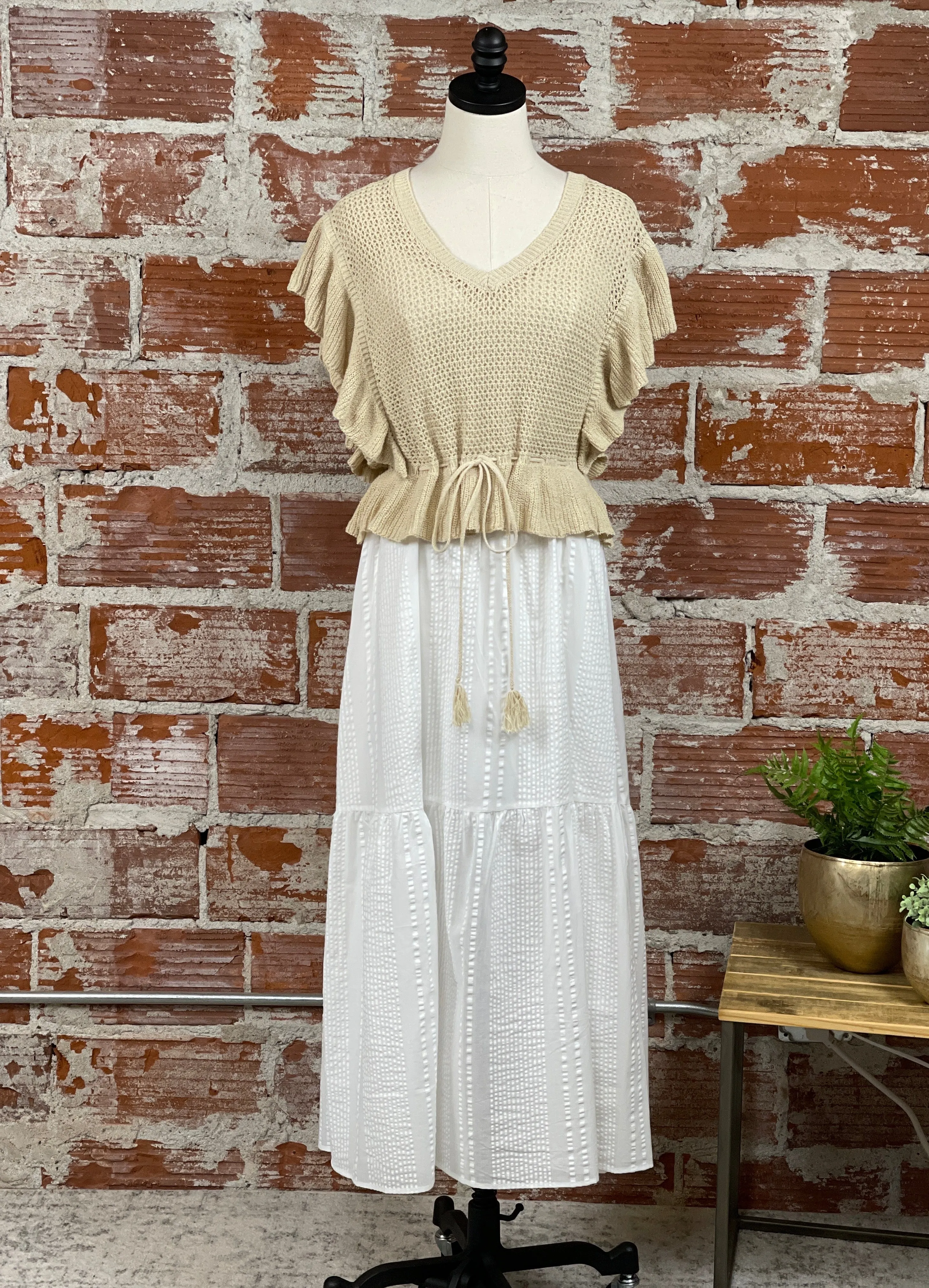 Elan Summer Maxi Dress With Knit Top Set in White and Beige