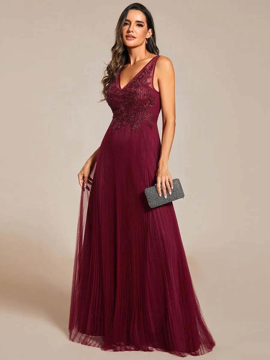 Elegant Appliques Chiffon A-Line Floor Length V Neck Sleeveless Evening Dress