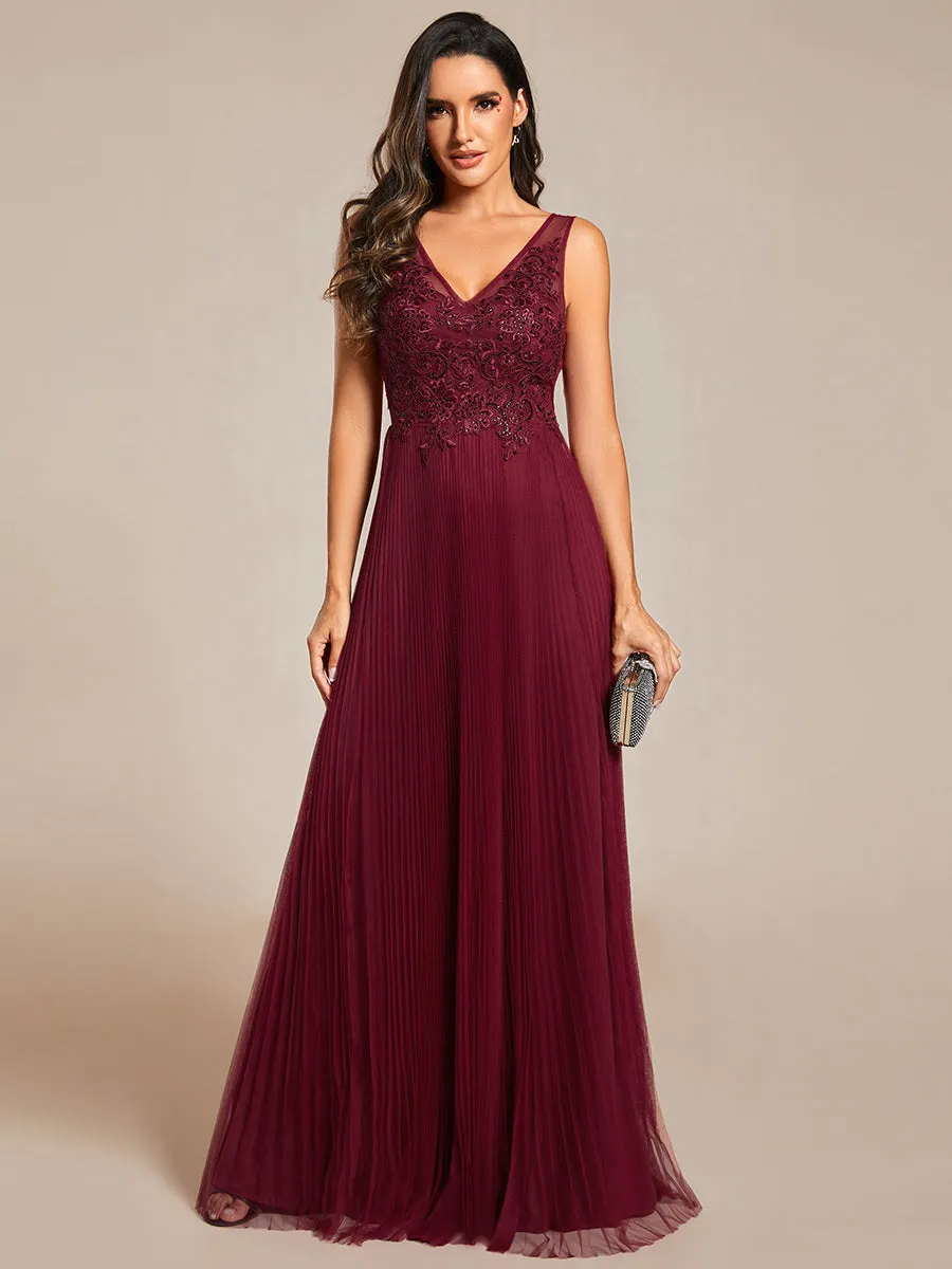 Elegant Appliques Chiffon A-Line Floor Length V Neck Sleeveless Evening Dress