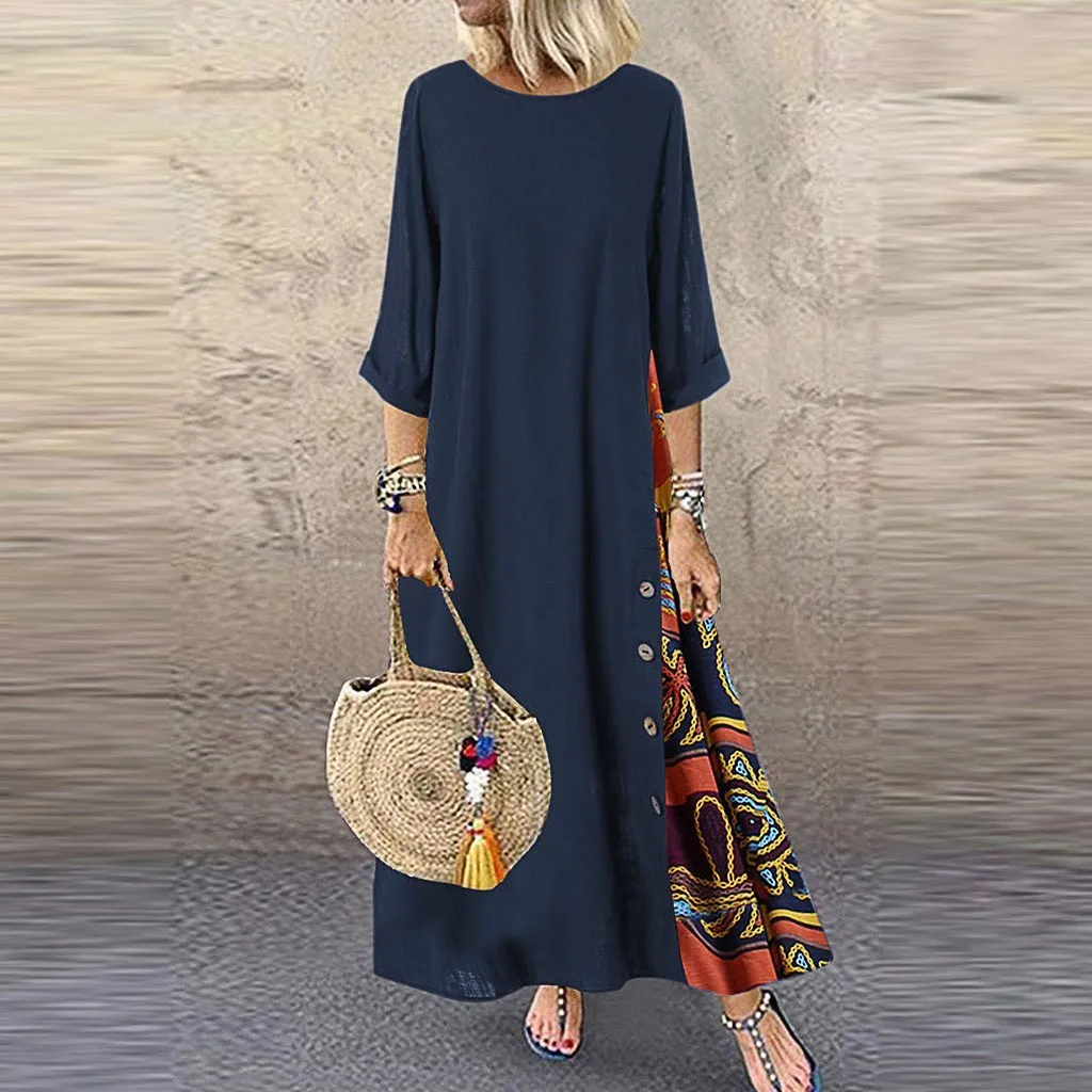 Elegant Patchwork 3/4 Sleeves O Neck Dress