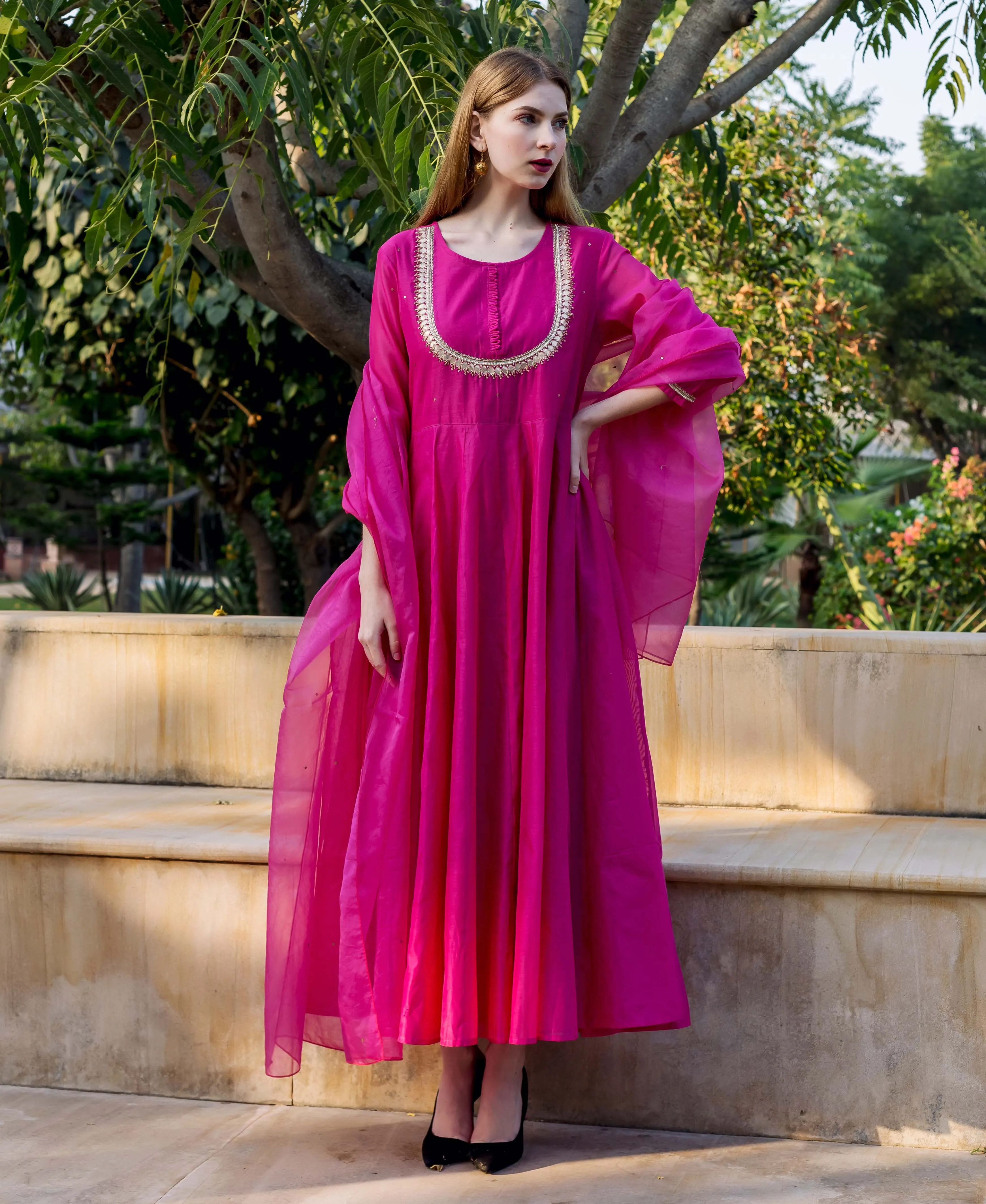 Eshika Raspberry Pink Embroidered Chanderi Dress