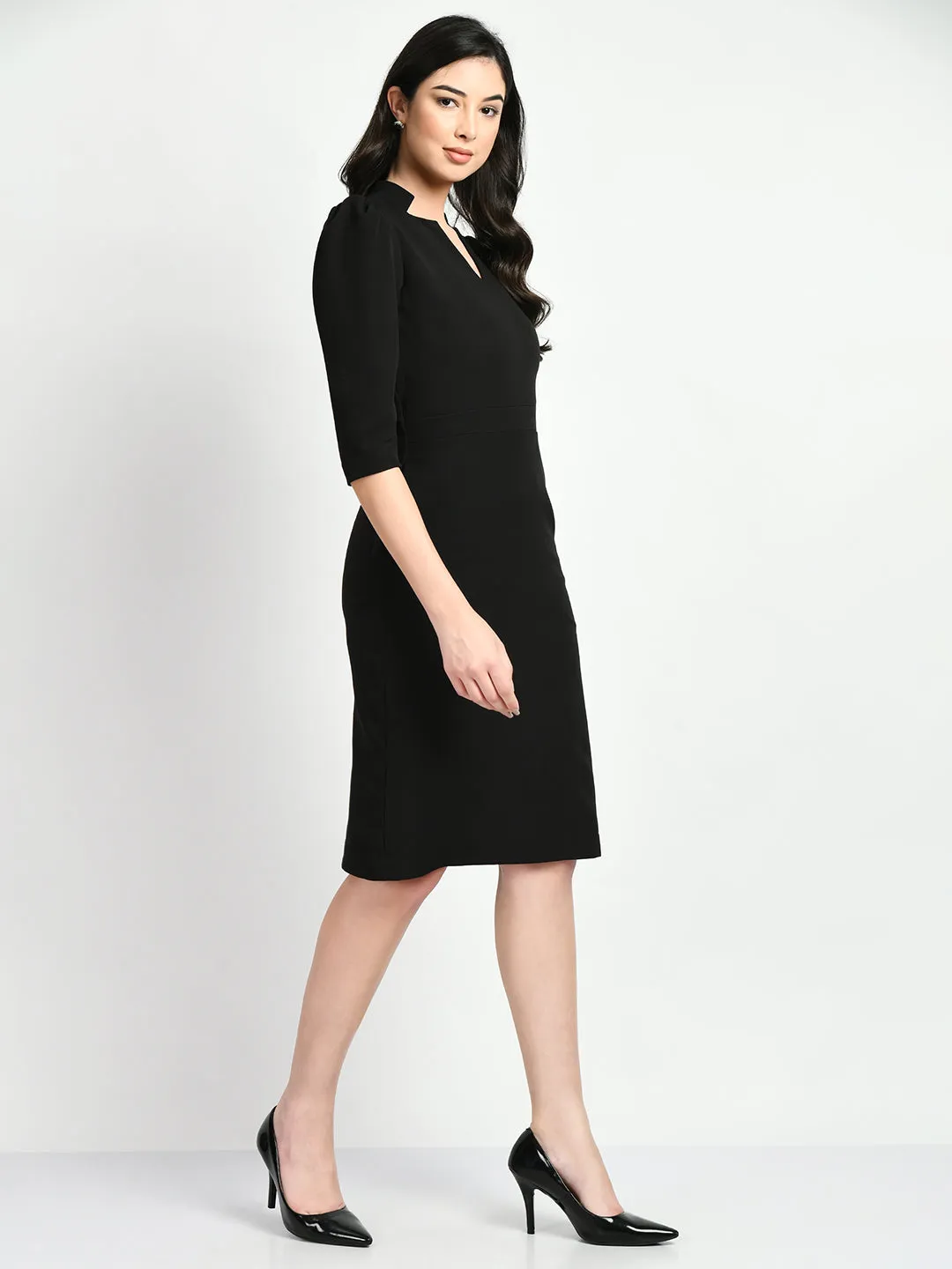 Exude Grace Puff Sleeves Sheath Dress (Black)