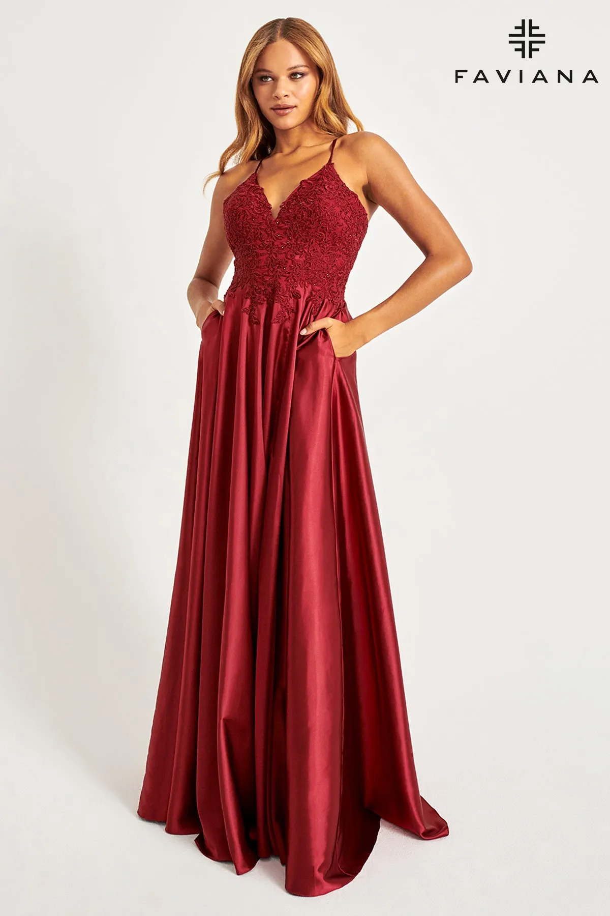 Faviana S10400 Long Flowy Prom Dress With Lace Bustier And Corset Back