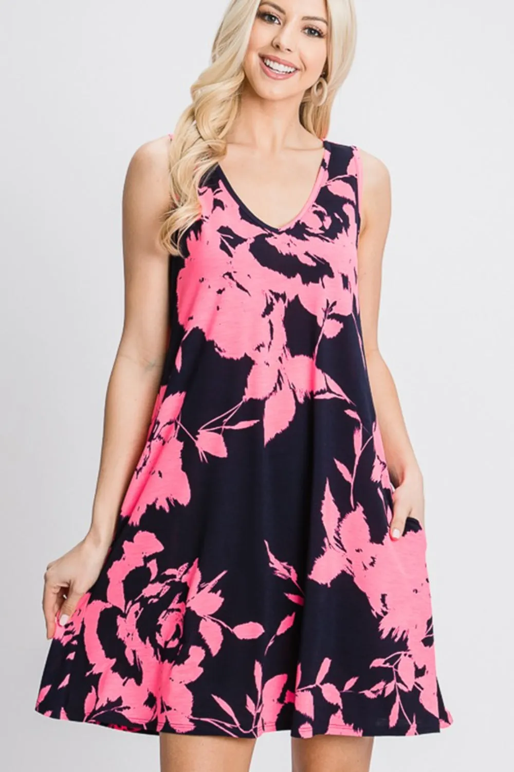 Floral V-Neck Tank Dress with Pockets