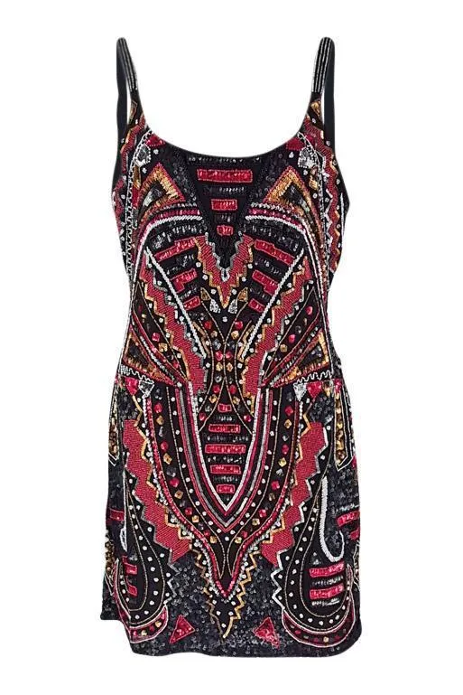 FOREVER UNIQUE Red Vintage Flapper Style Art Deco Sequin Mini Dress (UK 08)