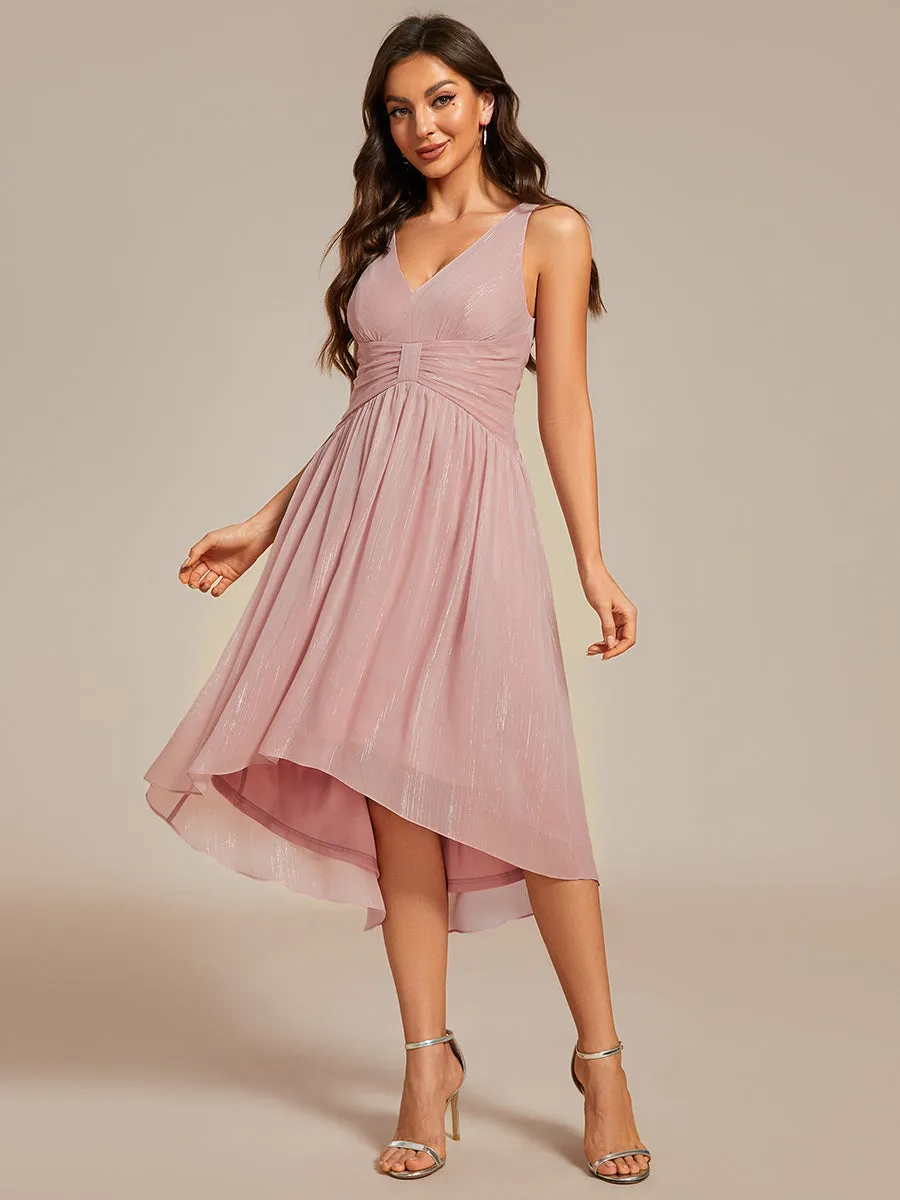 Glittery Spaghetti Straps Knee Length Bowknot Bridesmaid Dress