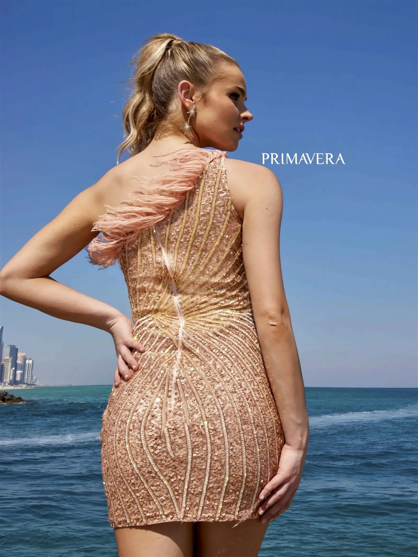 Gloria | One Shoulder Feather Homecoming Dress | Primavera Couture | 4002