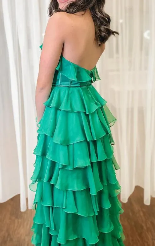 Halter Keyhole Ruffle Tiered Long Prom Dress