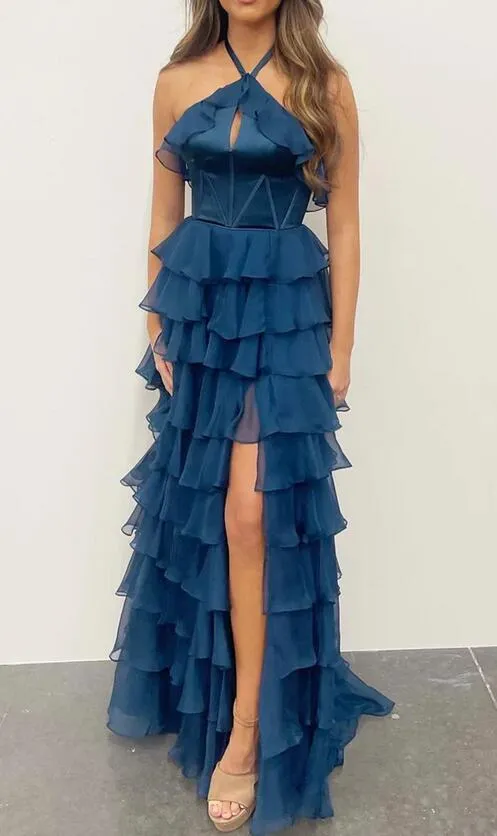 Halter Keyhole Ruffle Tiered Long Prom Dress