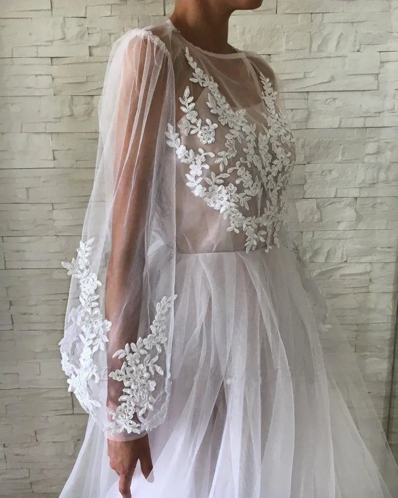 Jewel See Through Long Sleeve Ivory Lace Appliques Prom Dresses, Wedding Dresses STK15520