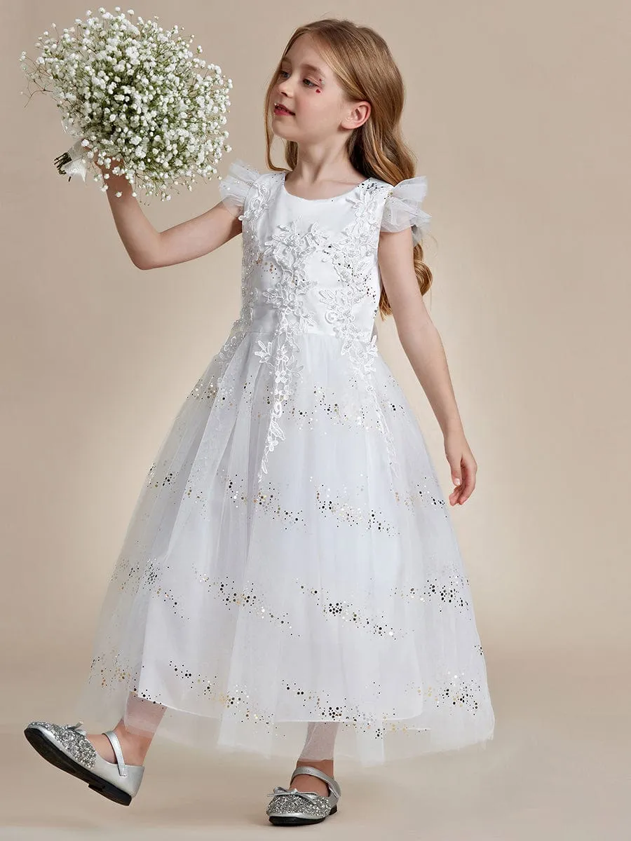 Lace Applique Flutter Sleeves Sparkle Princess Flower Girl Dress