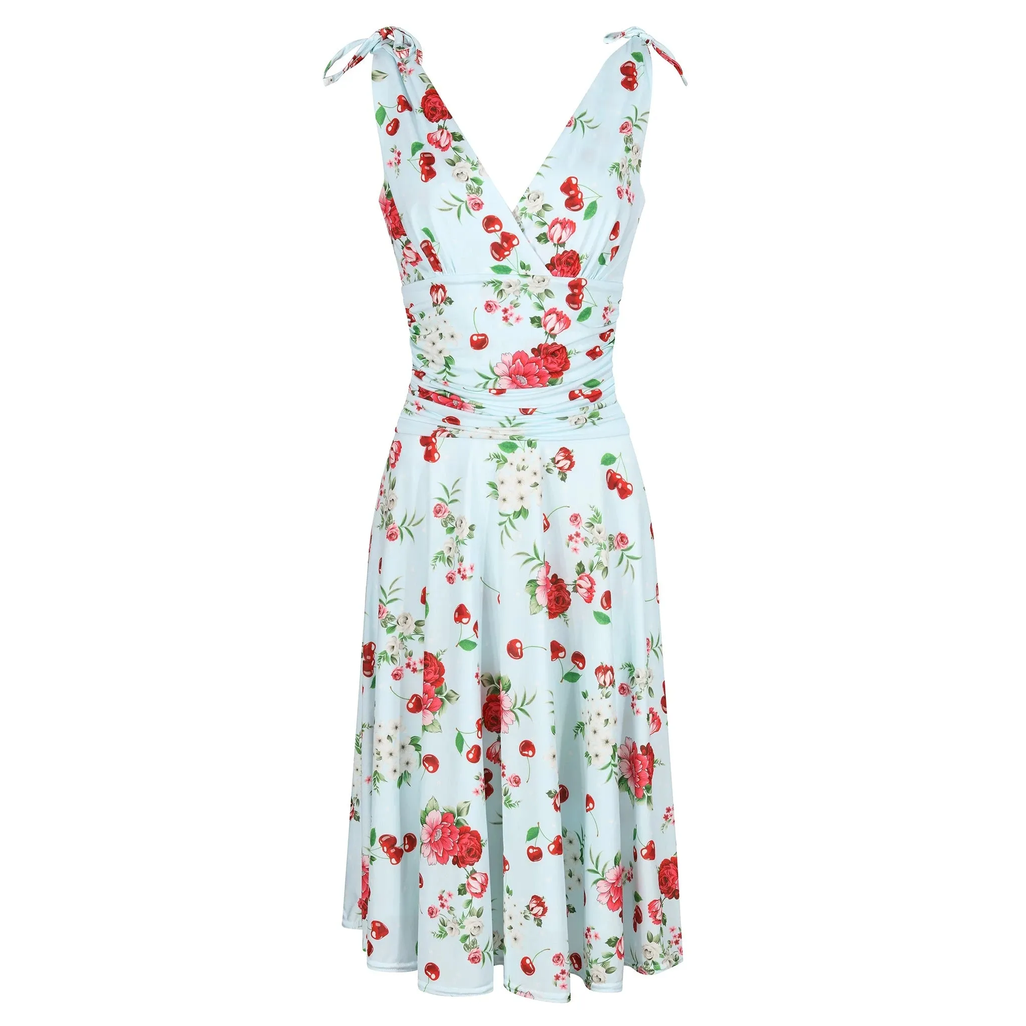 Light Blue Floral & Cherry Print V Neck Tie Shoulder 50s Swing Dress