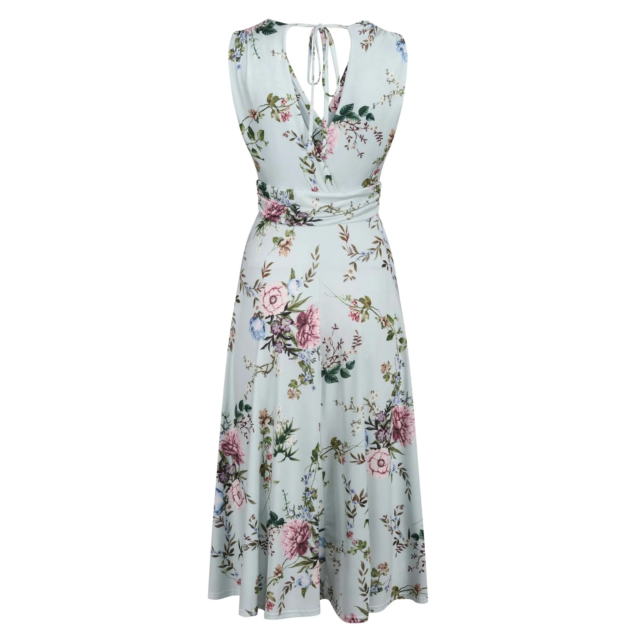 Light Blue Floral V Neck Crossover Top Empire Waist Swing Dress