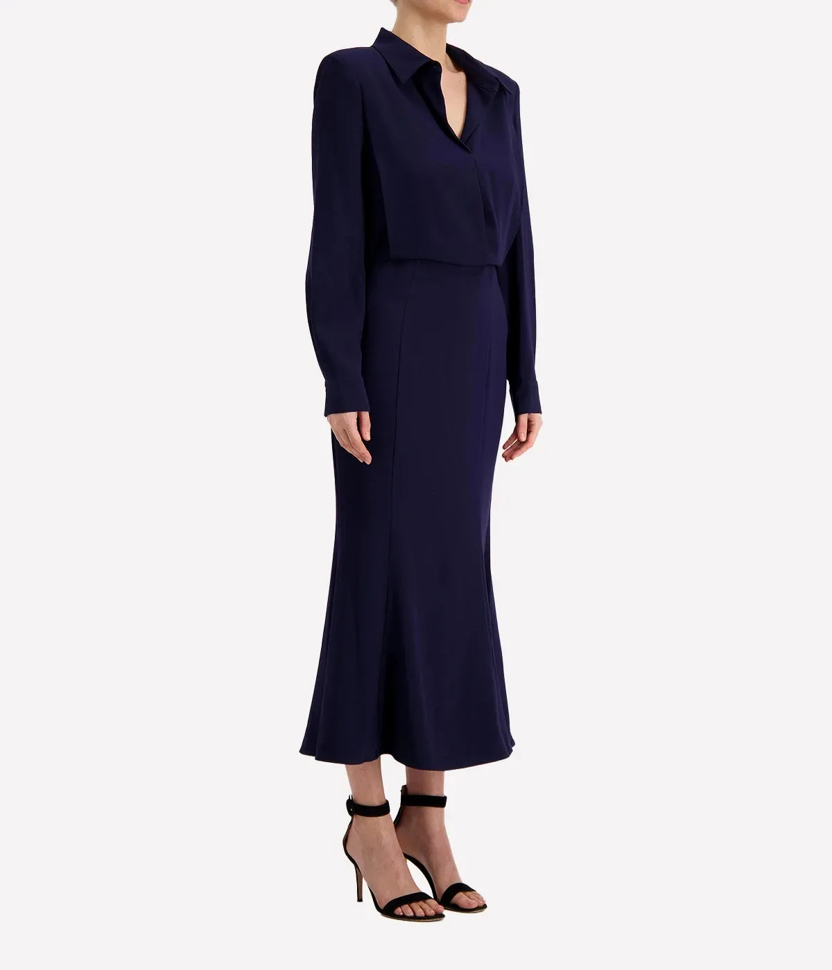 Long Sleeve Collar Midi Dress in Navy