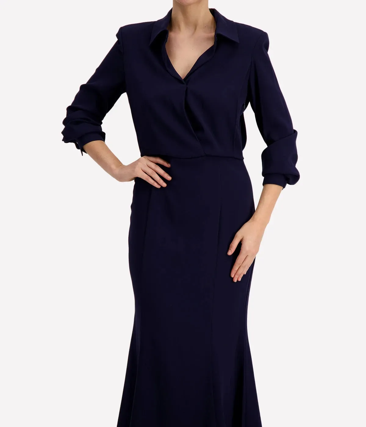 Long Sleeve Collar Midi Dress in Navy