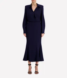 Long Sleeve Collar Midi Dress in Navy