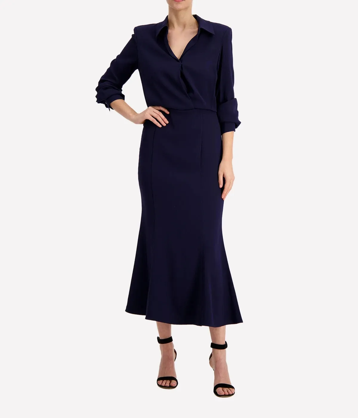 Long Sleeve Collar Midi Dress in Navy