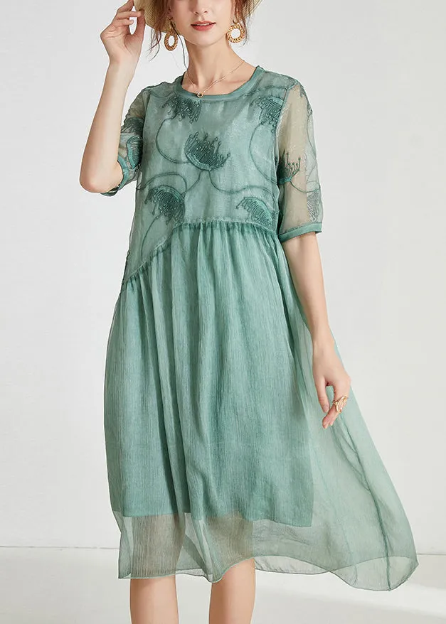 Loose Green Embroidered Patchwork Chiffon Dresses Summer AB1026