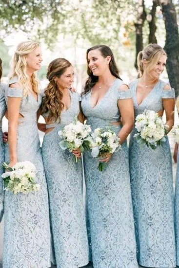 Mermaid Lace Baby Blue V Neck Bridesmaid Dresses for Wedding STK15653