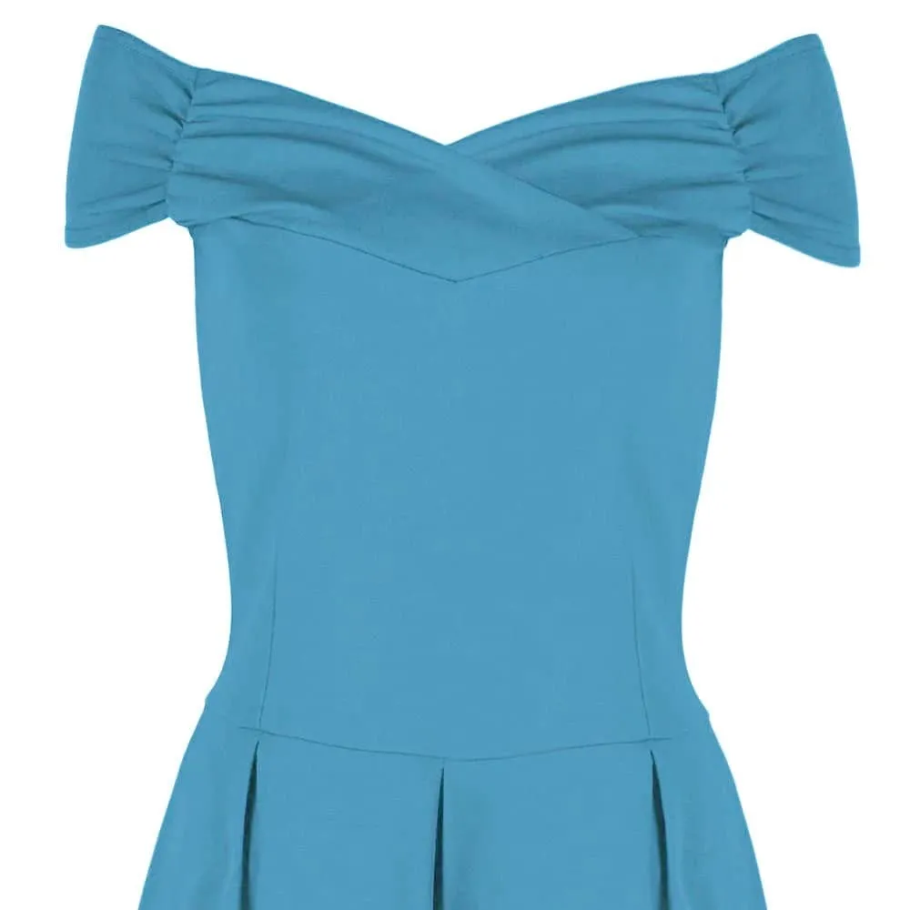 Mid Blue Crossover Vintage Bardot 50s Swing Dress