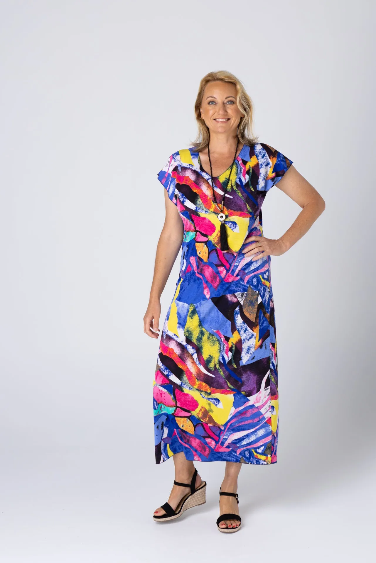 Monaco Print Short Sleeve Jersey Maxi Dress