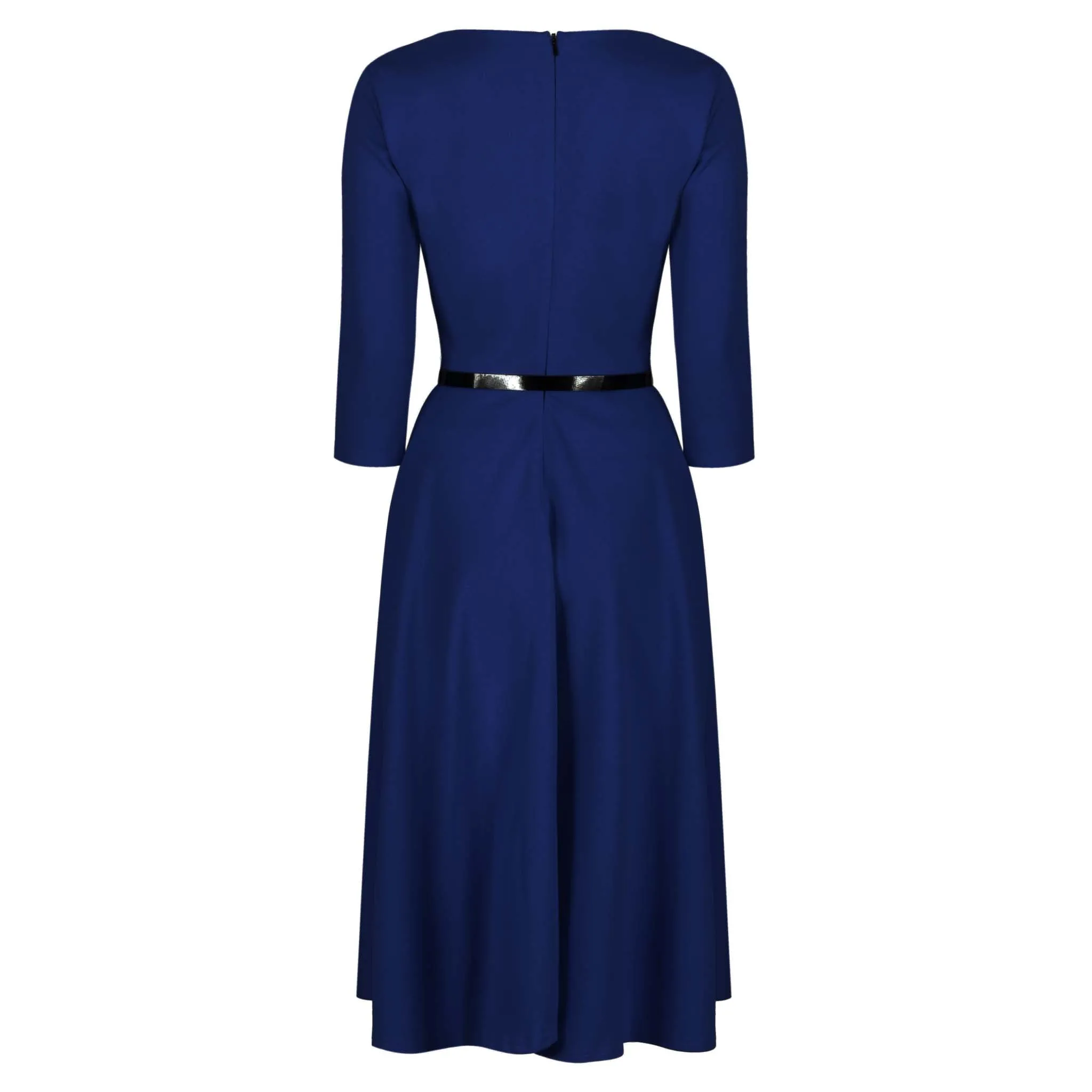 Navy Blue 3/4 Sleeve Belted 50s Swing Dress