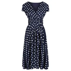 Navy Blue Polka Dot Cap Sleeve Fit And Flare Midi Dress