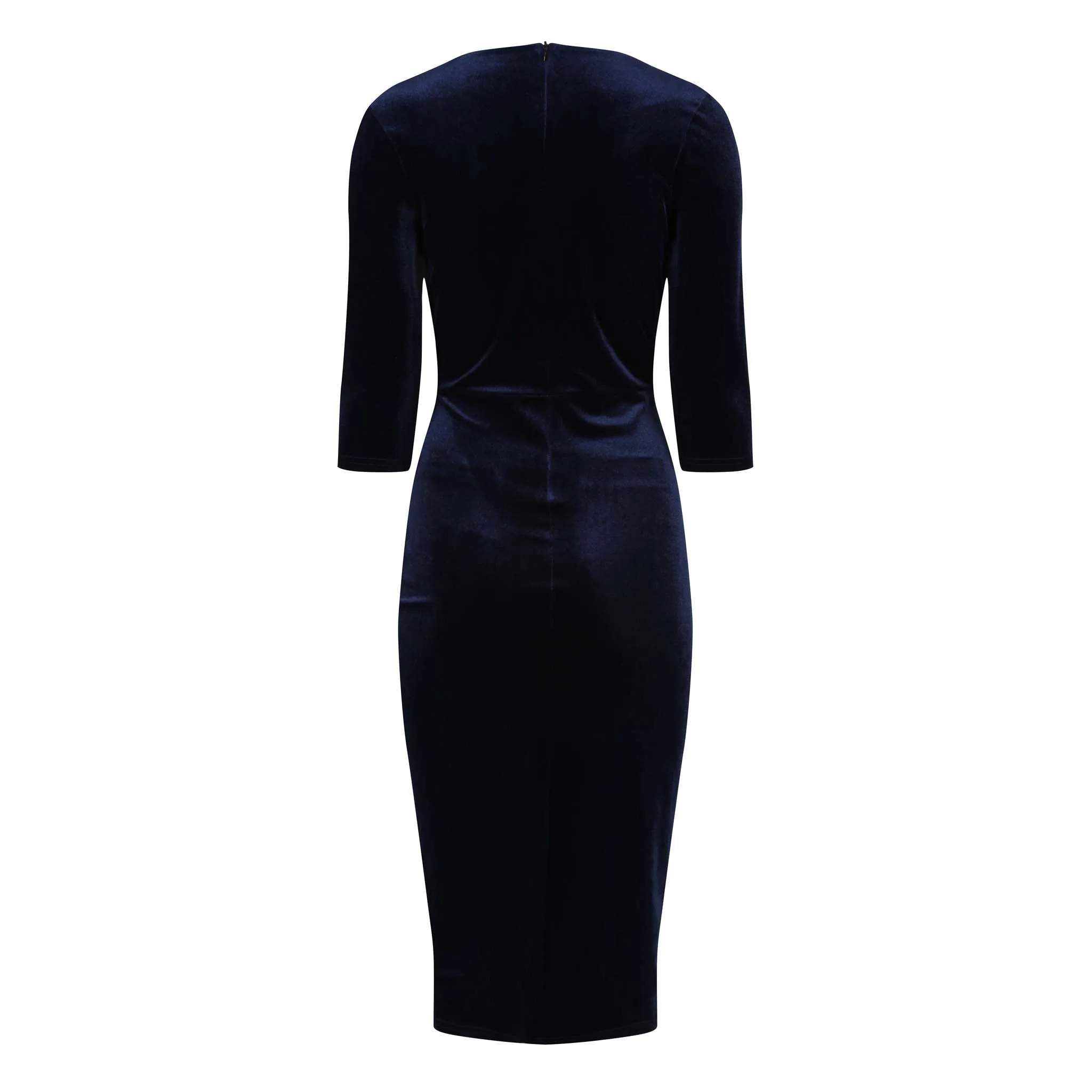 Navy Blue Velour Deep V 3/4 Sleeve Bodycon Ruched Waist Wiggle Dress