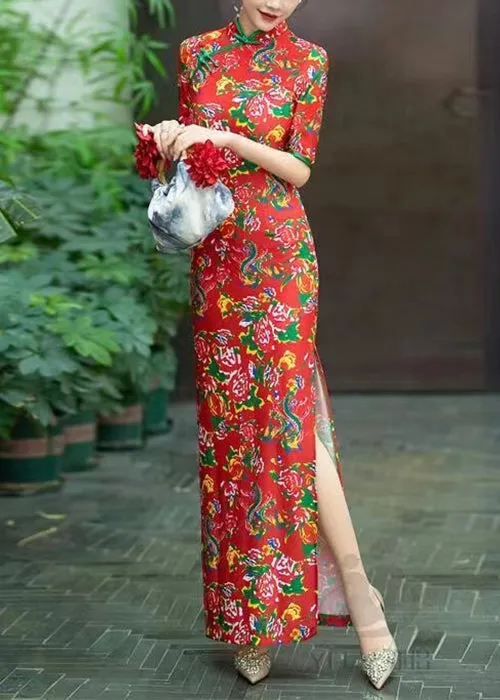 New Red Button Print Cotton Long Dresses Summer QA1006