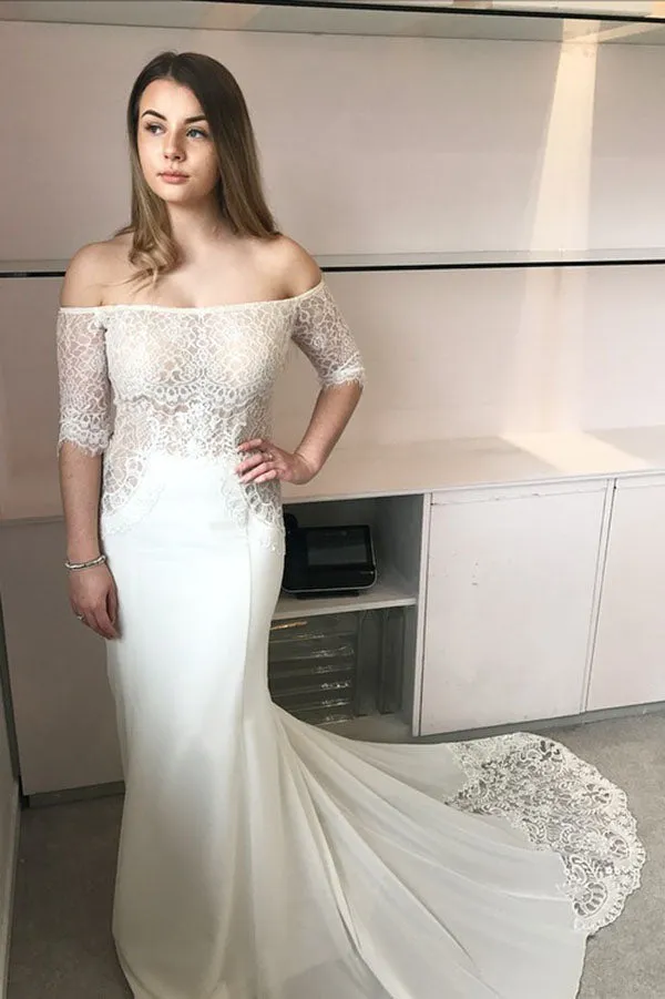 Off Shoulder Half Sleeves Lace Mermaid Wedding Dresses