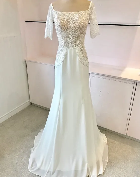 Off Shoulder Half Sleeves Lace Mermaid Wedding Dresses