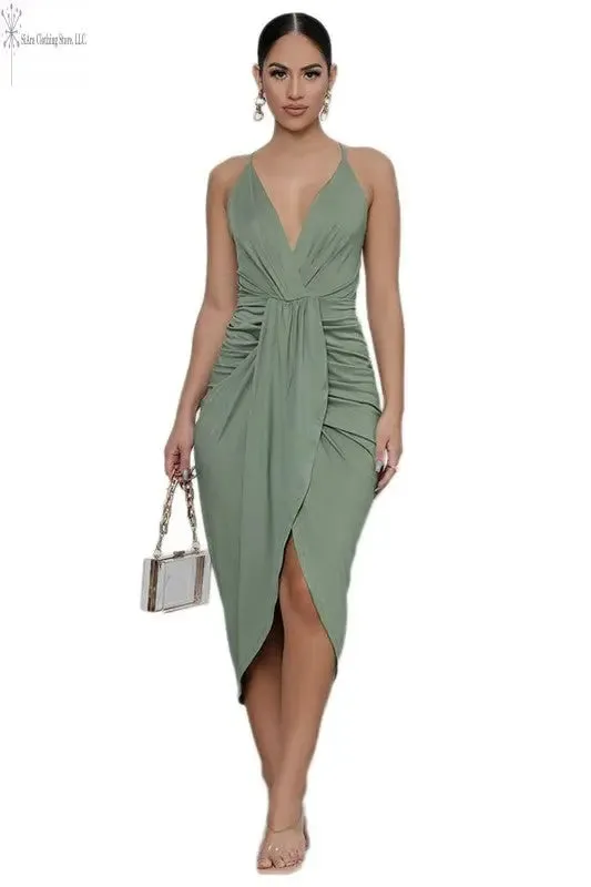 Olive Wrap Sleeveless Midi Dress