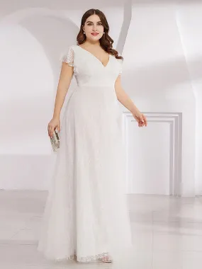 Plus Size Double V Neck Lace Wedding Dresses with Ruffle Sleeves