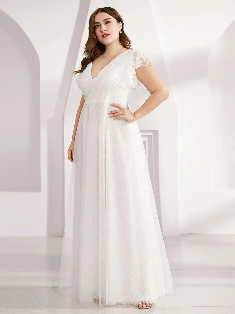 Plus Size Double V Neck Lace Wedding Dresses with Ruffle Sleeves