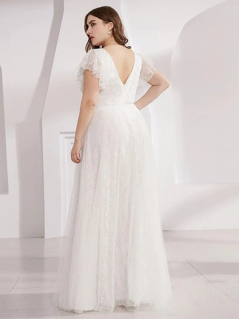 Plus Size Double V Neck Lace Wedding Dresses with Ruffle Sleeves