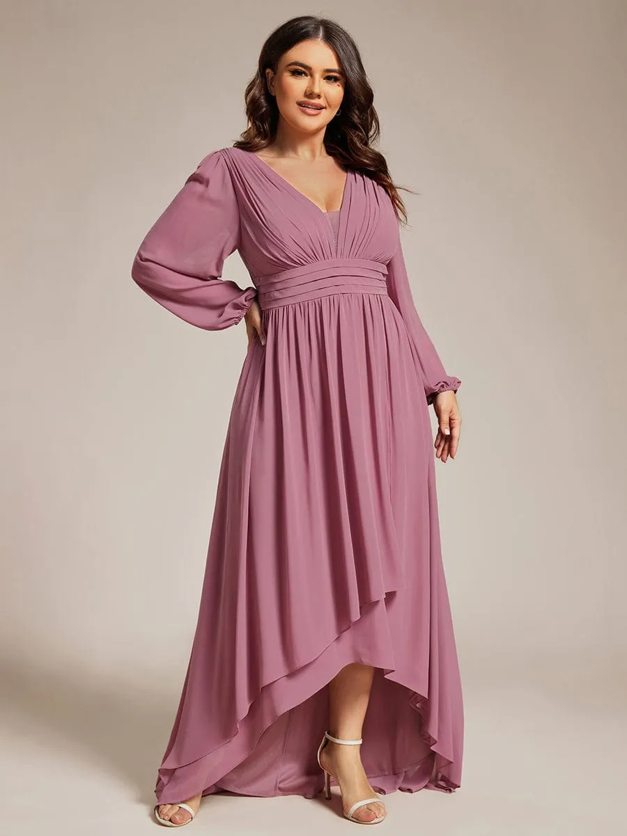 Plus Size V-Neck Long Lantern Sleeves A-Line Chiffon Bridesmaid Dress