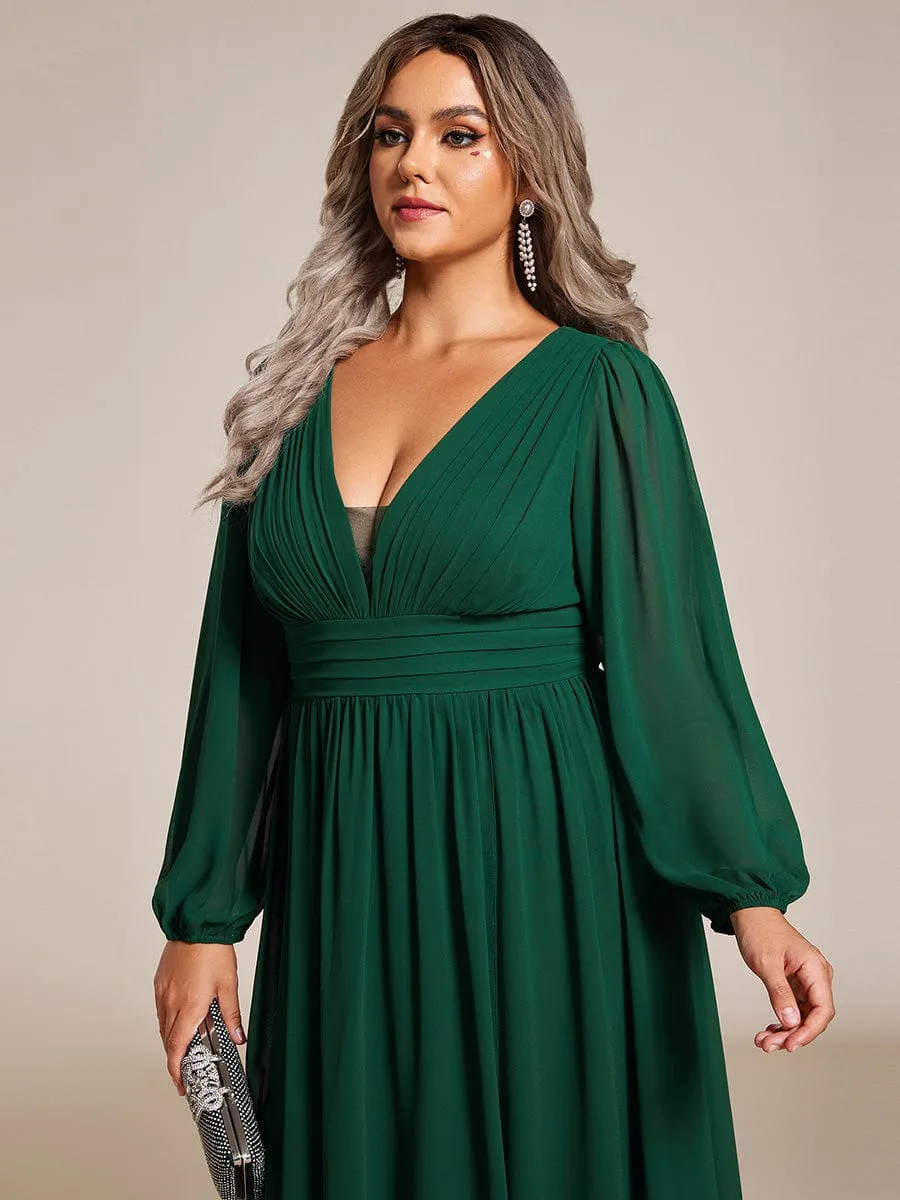 Plus Size V-Neck Long Lantern Sleeves A-Line Chiffon Bridesmaid Dress