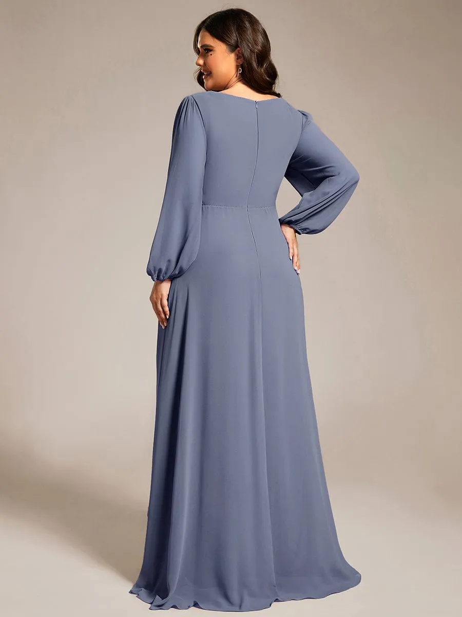 Plus Size V-Neck Long Lantern Sleeves A-Line Chiffon Bridesmaid Dress