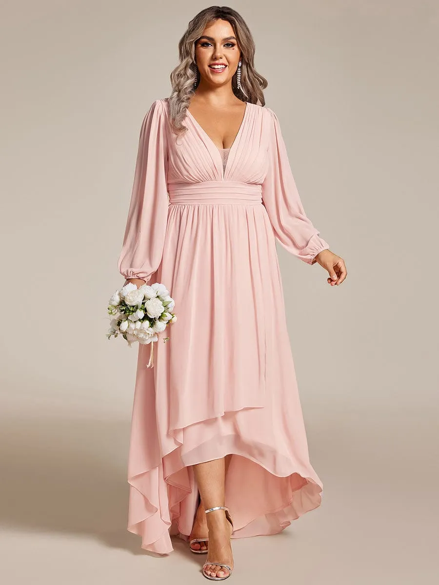 Plus Size V-Neck Long Lantern Sleeves A-Line Chiffon Bridesmaid Dress