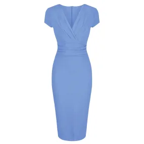 Pretty Blue Deep V Cap Sleeve Bodycon Ruched Waist Wiggle Dress