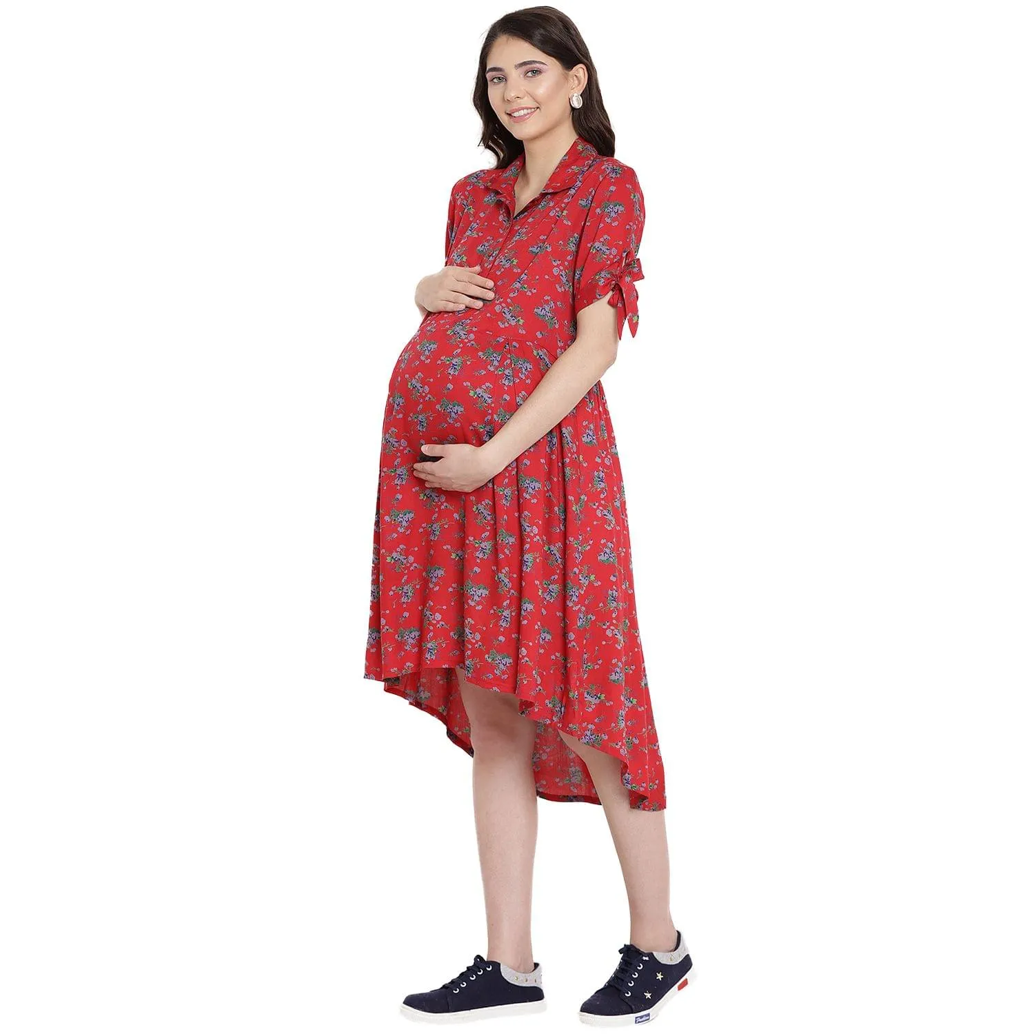 Red Floral Print Maternity Dress