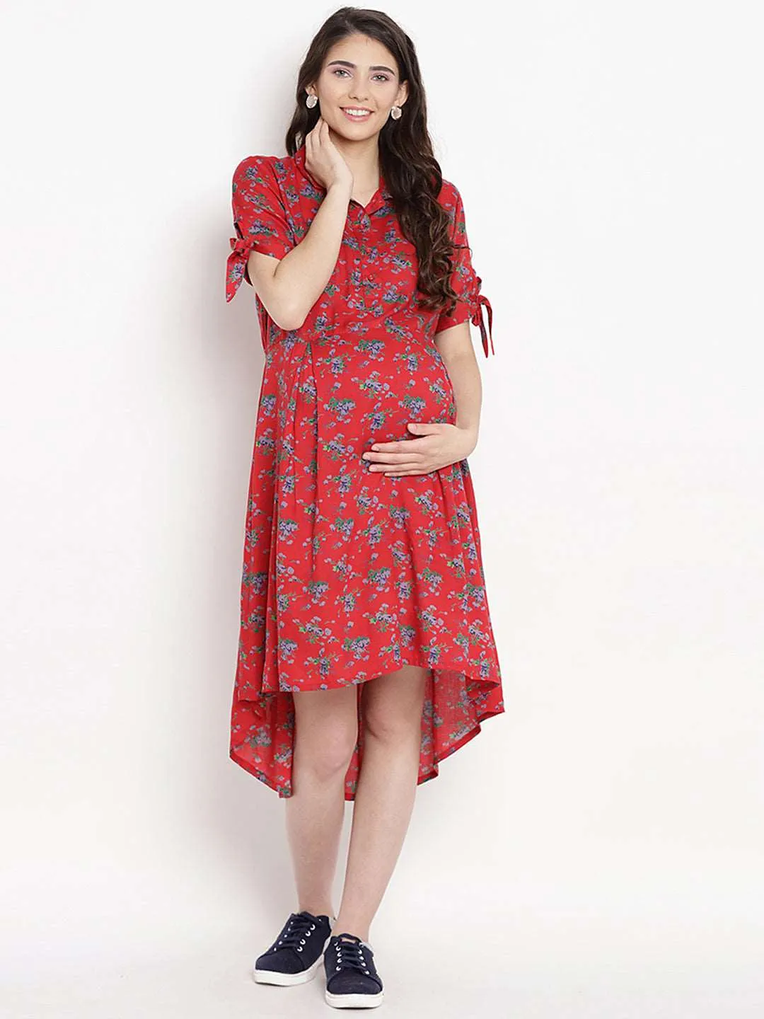 Red Floral Print Maternity Dress