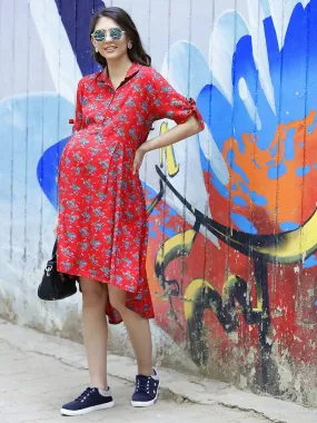 Red Floral Print Maternity Dress