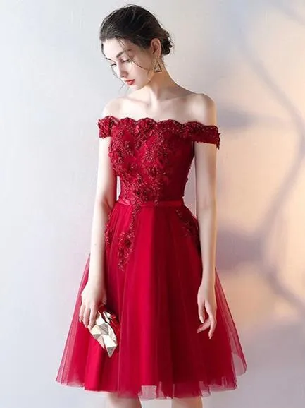 Red Lace Homecoming dress Off The Shoulder Homecoming Dress ER086